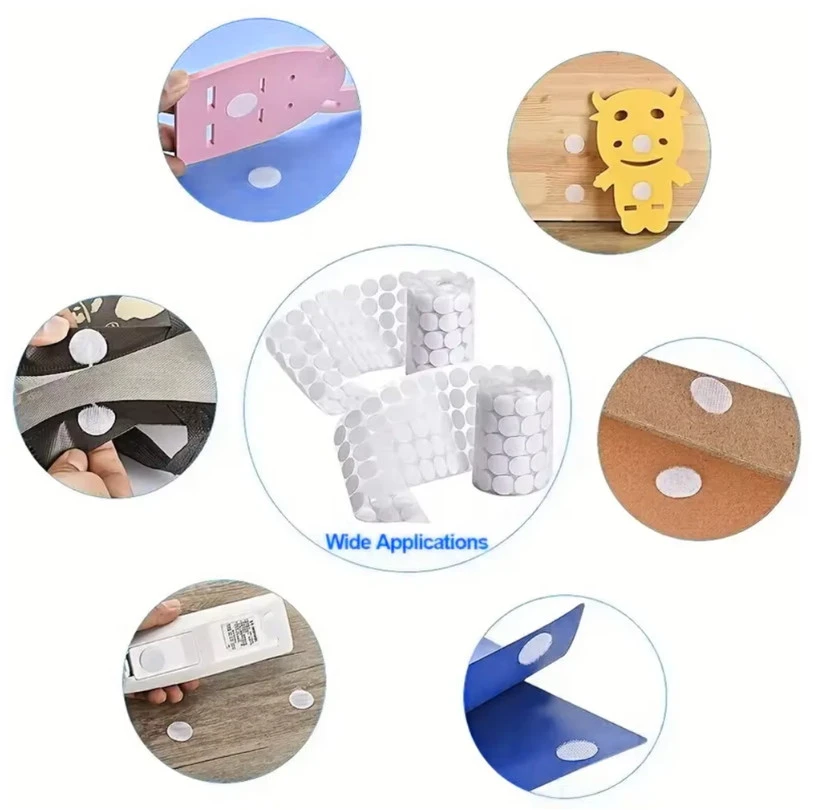 Self adhesive nylon hook and loop dots for maternal and infant products, baby packaging, soft goods, and garment accessories Self adhesive nylon hook and loop dots for maternal and infant products, baby packaging, soft goods, and garment accessories